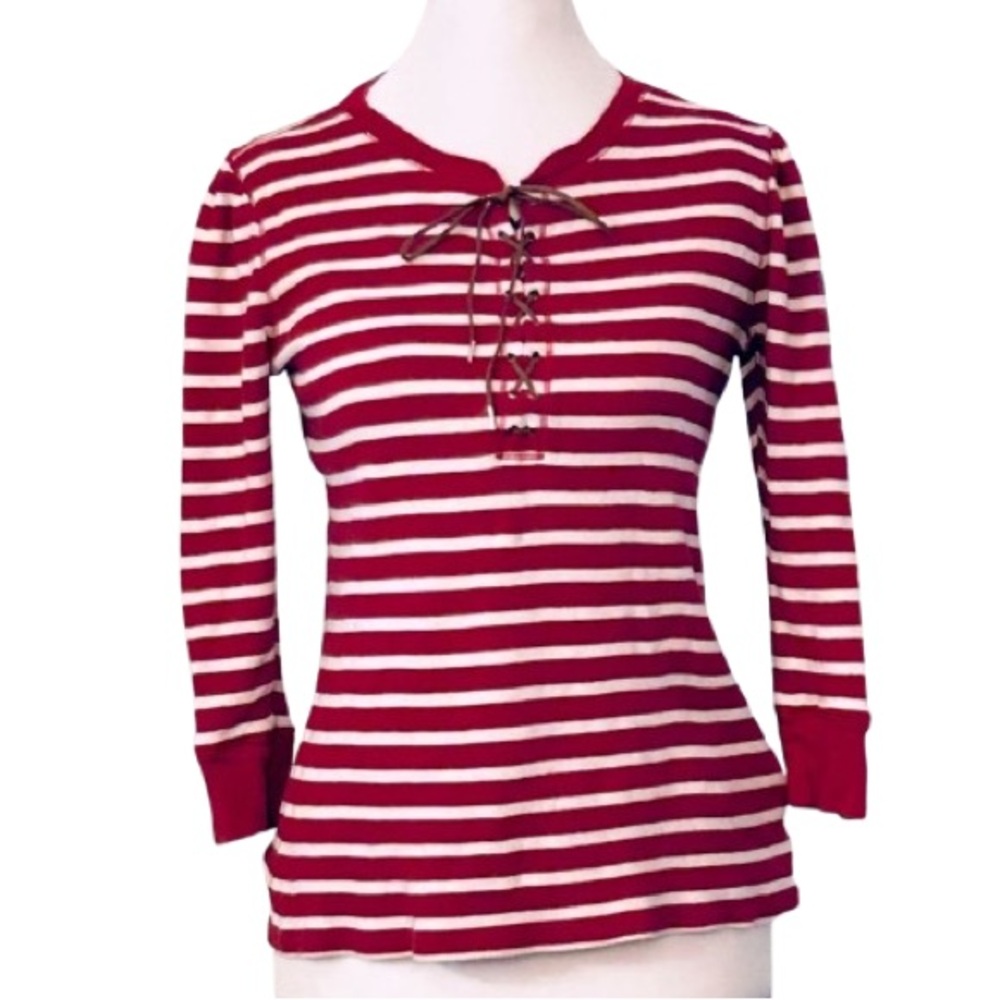 Ralph Lauren Red & White Tie Blouse Top Shirt Striped Cotton Medium Designer